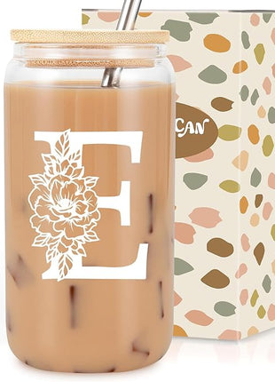 Coolife Initial Glass Cup, Monogrammed Gifts for Women, 16 oz Glass Cups w/Lids Straws, Iced Coffee Smoothie Beer Tumbler w/Straw Lid - Personalized Christmas, Birthday Gifts for Her Mom Friend Woman