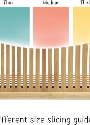 Bamboo Bread Slicer with Serrated Knife, Adjustable Guide for 3 Thickness Sizes, Foldable Chopping Board with Crumb Tray, Great for Homemade Bread, Cakes, Bagels