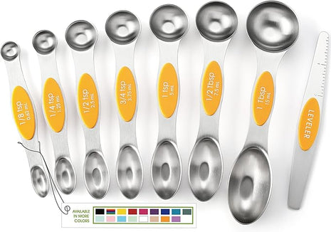 Spring Chef Stainless Steel Magnetic Measuring Spoons Set of 8 with Leveler, Dual Sided Metal Teaspoon & Tablespoon Measuring Spoons, Kitchen Gadgets for Baking & Cooking, Fits in Spice Jars - Mango