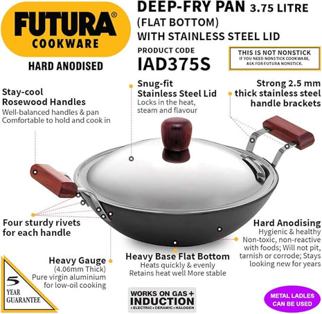 Hawkins Futura Hard Anodised Deep-Fry Pan 3.75 L, 30 cm, 4.06 mm with SS Lid and Induction Compatible Base (Black)