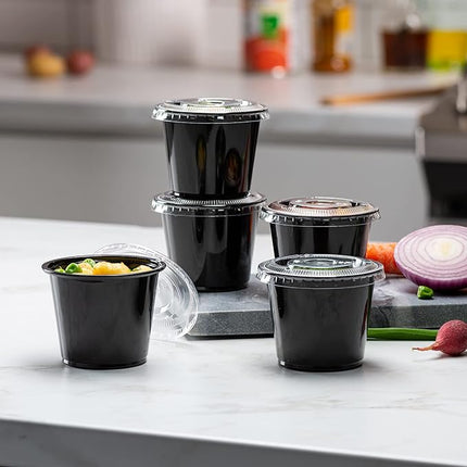 (4 oz - 100 Sets) Black Diposable Plastic Portion Cups With Lids, Small Mini Containers For Portion Controll, Jello Shots, Meal Prep, Sauce Cups, Condiments, Medicine, Dressings,