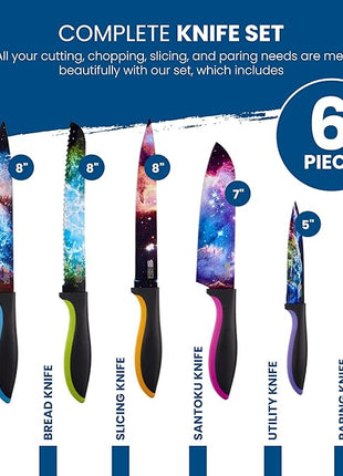 CHEF'S VISION Cosmos Knife Set - 6-Piece Stainless Steel Cutting Knives Set for Kitchen with Vibrant Cosmos Design - Great House Warming Gift for Women or Men - Unique Kitchen Knife Set Gift