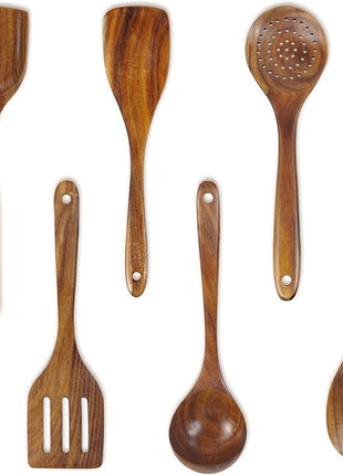 FJNATINH 6 PCS Teak Wooden Cooking Kitchen Utensils Set, Large Wooden Spoons for Cooking Mixing Baking, Non-stick Kitchen Utensils Set Gifts for Women Housewarming Gifts