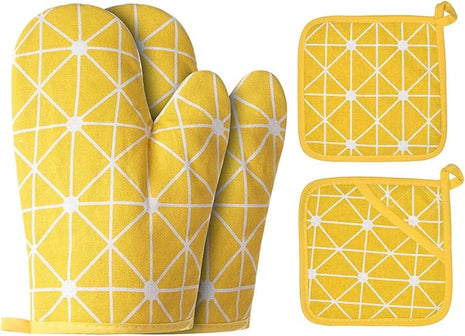 Oven Mitts and Potholders BBQ Gloves-Oven Mitts and Pot Holders with Recycled Infill Silicone Non-Slip Cooking Gloves for Cooking Baking Grilling (4-Piece Set,Yellow)