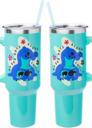 Silver Buffalo Disney Lilo and Stitch Aloha No Bad Days Chillin’ Stainless Steel Tumbler with Handle and Straw, Fits in Standard Cup Holder, 40 Ounces