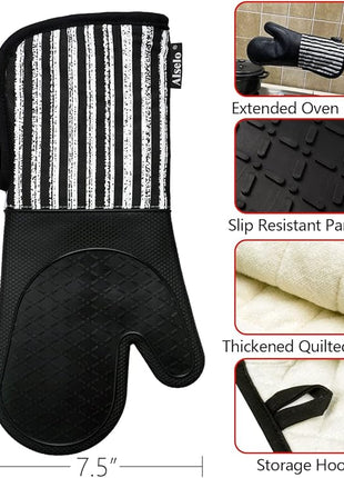 Silicone Oven Mitts Heat Resistant 932℉ with Waterproof & Non-Slip Kitchen Mittens, Set of 2 Extra Long Oven Gloves with Soft Cotton Terry Lining for Baking Cooking Barbecue (2, Black Mitts)