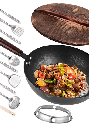 12.8" Carbon Steel Wok-11Pcs Woks & Stir Fry Pans Wok Pan with Lid, No Chemical Coated Chinese Woks with 10 Cookware Accessories, Flat Bottom Wok for Electric, Induction,Gas Stoves