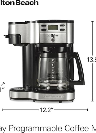 Hamilton Beach 2-Way Programmable Coffee Maker, 12 Cup Glass Carafe And Single Serve Coffee Maker, Black with Stainless Steel Accents, 49980RG
