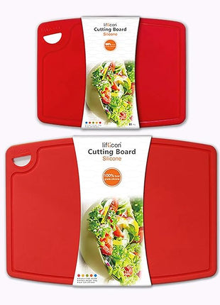 Liflicon Thick Cutting Boards for Kitchen Silicone Chopping Board Set of 2 Mid 12.6'' x 9.1”,Mini 9.1”x7.1” Non-slip Deep Drip Juice Groove Easy Grip Handle,Dishwasher Safe-Red