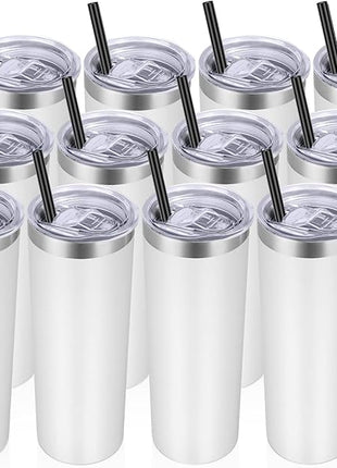 VEGOND Stainless Steel Tumblers Bulk 12 Pack, 20 oz Vacuum Insulated Skinny Tumblers with Lids and Straws, Double Wall Coffee Mug, Travel Water Cup, White