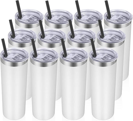 VEGOND Stainless Steel Tumblers Bulk 12 Pack, 20 oz Vacuum Insulated Skinny Tumblers with Lids and Straws, Double Wall Coffee Mug, Travel Water Cup, White