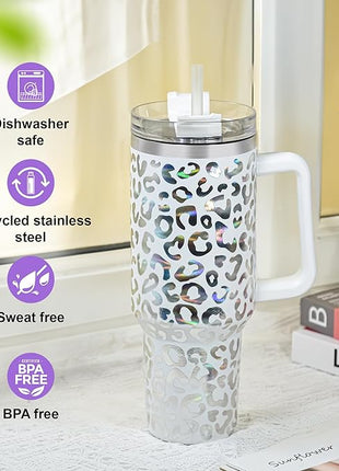 40 oz Tumbler with Handle and Straw, 100% Leak-Proof Travel Mug, Stainless Steel Double Wall Vacuum Insulated Coffee Cup Keeps Cold For 34 Hours, Dishwasher Safe, Purple Leopard