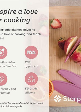 Starpack 'Finger Loving' Kid Safe Kitchen Knife Set of 3 - Kids Knife Set for Real Cooking - Serrated Edges Toddler Knife Sets for 3+ Year Olds - Montessori Knife Sets - BPA-Free Nylon Knives for Kids