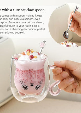 Cute Mugs Glasses Double Wall Insulated Glasses Espresso Cup, Coffee Cup, Tea Cup, Milk Cup, Best Gift for Office and Personal Birthday, Pink Cat