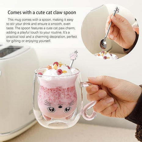 Cute Mugs Glasses Double Wall Insulated Glasses Espresso Cup, Coffee Cup, Tea Cup, Milk Cup, Best Gift for Office and Personal Birthday, Pink Cat