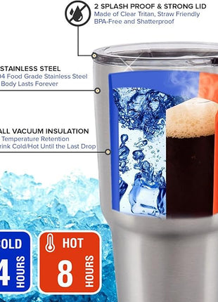 Stainless Steel Travel Mug with Handle 30 oz - 6 Piece Set. Tumbler with Handle, Straw, Cleaning Brush & 2 Lids. Double Wall Insulated Large Coffee Mug Bundle - Hot Pink Powder Coat Tumbler