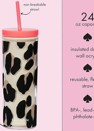 kate spade new york Insulated Tumbler with Reusable Straw, Leopard Print 24 Ounce Acrylic Travel Cup with Lid, Forest Feline