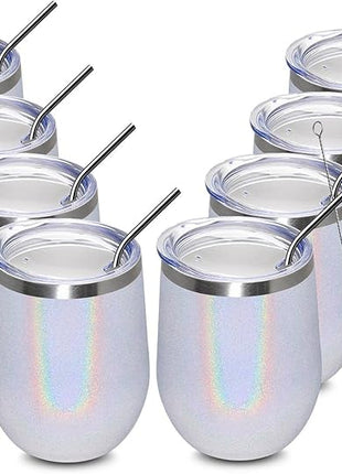 MEWAY 12oz/8 Pack Wine Tumbler Glasses with Lid - Stemless Double Wall Vacuum Stainless Steel Glitter Tumbler - Keeping Cold & Hot Cup for Coffee,Gift for Women(Rainbow White,Set of 8)