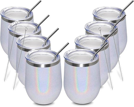 MEWAY 12oz/8 Pack Wine Tumbler Glasses with Lid - Stemless Double Wall Vacuum Stainless Steel Glitter Tumbler - Keeping Cold & Hot Cup for Coffee,Gift for Women(Rainbow White,Set of 8)
