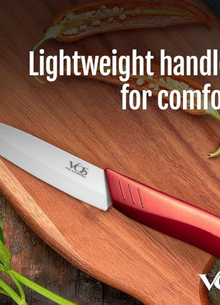 Vos Ceramic Knife Set in Elegant Gift Box, Ceramic Knives Set For Kitchen, Ultra Sharp Kitchen Knife Set with Covers, 4" 5" 6" Paring, Santoku & Chef Knife, Lightweight, Dishwasher safe (Red Handle)