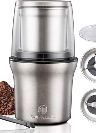 DR MILLS DM-7412M Stainless Steel Electric Dried Spice and Coffee Grinder,2 in 1 Wet and Dry, Removable Cups, Dishwasher Safe