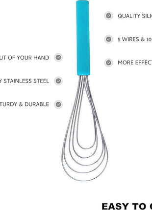 Flat Whisk Silicone Handle Non Slip 10" - 5 Wires Whisk with 10 Heads for Kitchen Cooking Color by Jell-Cell (Sky Blue)