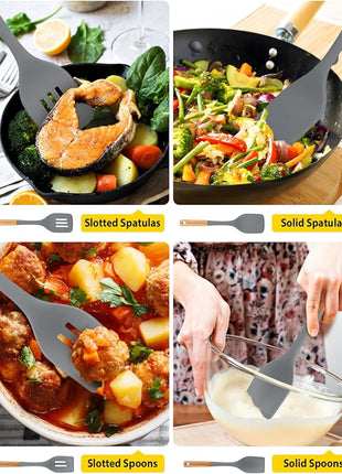 Pack of 4 Silicone Kitchen Utensils Set, Non Stick Solid Spatulas and Heat Resistant Slotted Spoons with Wooden Handle, Ideal BPA Free Cooking Utensils for Mixing,Serving,Turning,Stirring(GRAY)