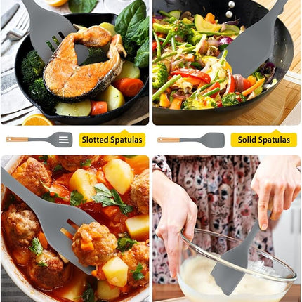 Pack of 4 Silicone Kitchen Utensils Set, Non Stick Solid Spatulas and Heat Resistant Slotted Spoons with Wooden Handle, Ideal BPA Free Cooking Utensils for Mixing,Serving,Turning,Stirring(GRAY)