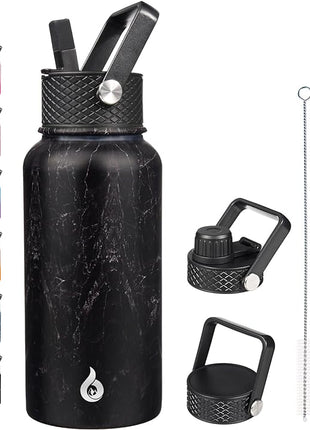 BJPKPK Insulated Water Bottles with Straw Lid, 27oz Stainless Steel Water Bottle with 3 Lids, Leak Proof BPA Free Metal Thermo, Mugs, Tumblers, Keep Cold Hot -Midnight