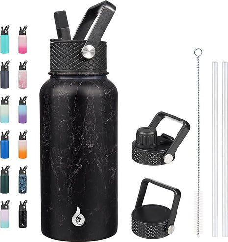 BJPKPK Insulated Water Bottles with Straw Lid, 27oz Stainless Steel Water Bottle with 3 Lids, Leak Proof BPA Free Metal Thermo, Mugs, Tumblers, Keep Cold Hot -Midnight