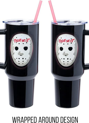 Silver Buffalo Friday The 13th Stainless Steel Tumbler with Handle Featuring Jason Voorhees’s Mask, Fits in Standard Cup Holder, 40 Ounces