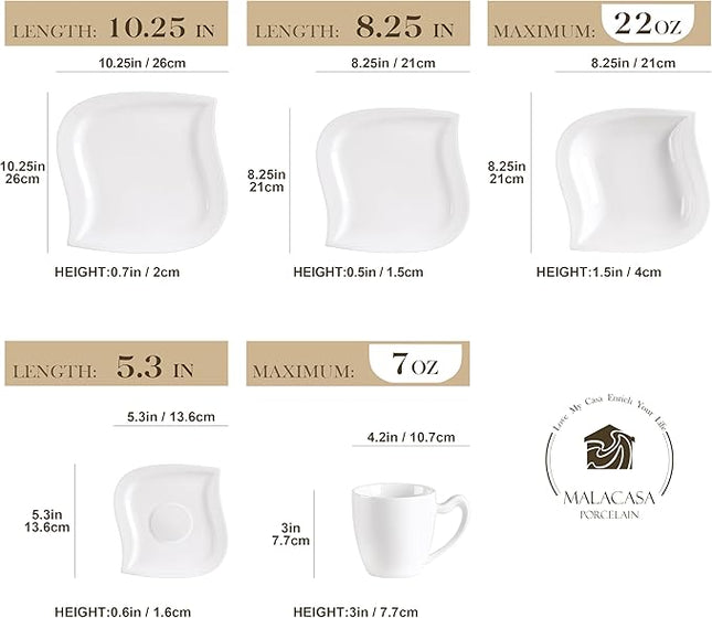 MALACASA Ivory White Dinnerware Set, 30-Piece Porcelain Dishes Dinnerware Sets, Dinner Set with Plates and Bowls, Cups and Saucers Set, Dishes Set Tableware, Dinnerware Set for 6, Series Elvira