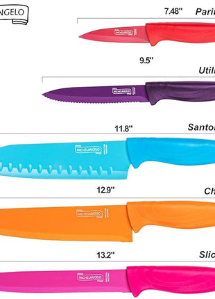 MICHELANGELO Knife Set, Sharp 10-Piece Kitchen Knife Set with Covers, Multicolor Knives, Stainless Steel Knives Set for Kitchen, 5 Rainbow Knives & 5 Sheath Covers