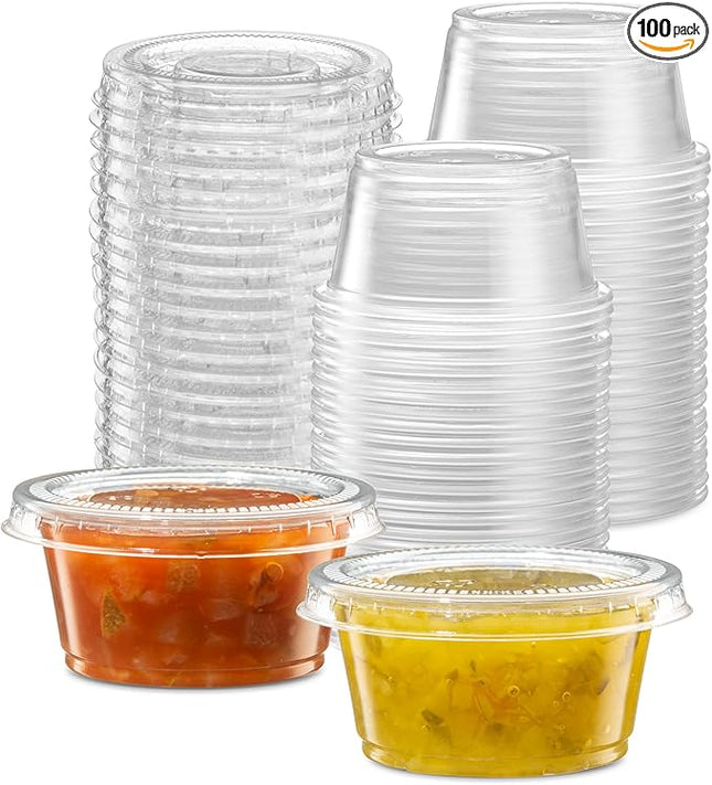 (2 oz - 100 Sets) Clear Diposable Plastic Portion Cups With Lids, Small Mini Containers For Portion Controll, Jello Shots, Meal Prep, Sauce Cups, Slime, Condiments, Medicine, Dressings, Crafts,