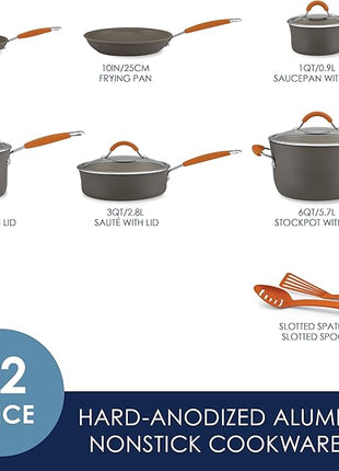 Rachael Ray Cucina Dishwasher Safe Hard Anodized Nonstick Cookware Pots and Pans Set, 12 Piece, Gray with Orange Handles