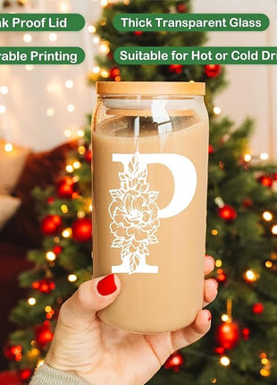 Coolife Initial Glass Cup, Monogrammed Gifts for Women, 16 oz Glass Cups w/Lids Straws, Iced Coffee Smoothie Beer Tumbler w/Straw Lid - Personalized Christmas, Birthday Gifts for Her Mom Friend Woman
