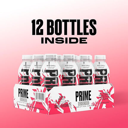 PRIME Hydration ICE RED CHILL, Sports Drinks, Electrolyte Enhanced for Ultimate Hydration, 250mg BCAAs, B Vitamins, Antioxidants, Low Sugar, 16.9 Fl Oz, 12 Pack