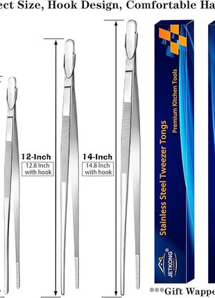 JETKONG Extra Long Kitchen Tweezers Heavy Duty Stainless Steel Cooking Tweezers, Set of 3 (9 12 14 Inch, Silver)