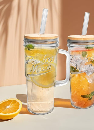 ANOTION Glass Cups with Lids and Straws - 24oz Tumbler with Handle Coffee Cups Glass Straws Glasses Mason Jar Cups Drinking Set Kitchen Essentials Coffee Bar Accessories House Warming Gifts New Home
