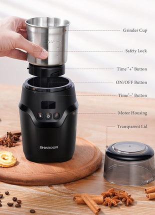 SHARDOR Adjustable Coffee Grinder Electric, Super Silent Electric Coffee Bean Grinder with Time-Memory Adjustment and Multi-Functional Stainless Steel Cup for Spices, Herbs, and Nuts Grinding, Gray