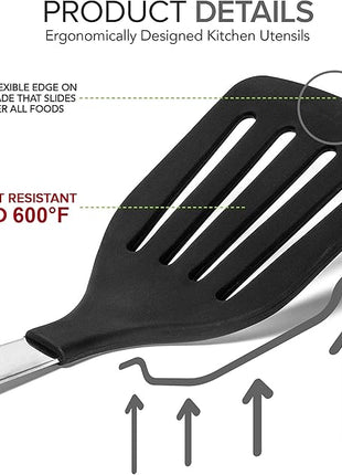 Silicone Spatula Set Heat Resistant - Stainless Steel Turner Spatulas Rubber Grip - Flexible Metal Spatulas for Non Stick Cookware - Pancake Turners Egg Flippers