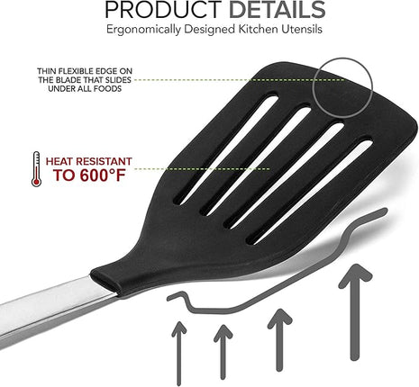 Spatulas Heat Resistant Silicone and Stainless Steel – Tongs and Turners with Rubber Grip - Flexible Silicone Spatula Tongs for Cooking and Non Stick Cookware – Cooking Utensils 4-Set