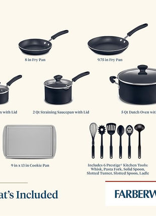 Farberware Cookstart DiamondMax Nonstick Cookware/Pots and Pans Set with Glass Lids, Dishwasher Safe, Includes Baking Pan and Kitchen Cooking Tools, 15 Piece - Black