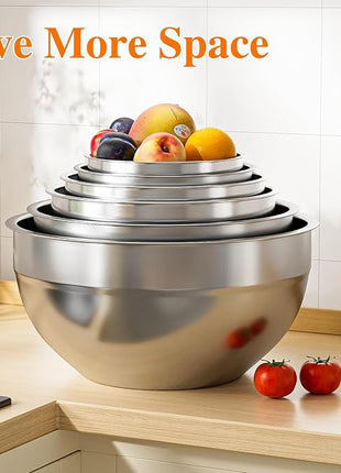 Mixing Bowls with Lids Set, 6 PCS Stainless Steel Mixing Bowls with 3 Grater Attachments, Kitchen Food Storage Organizers Nesting Mixing Bowl, Large Size 4.5, 3.5, 2.1, 1.5, 1.1, 0.7QT-Black