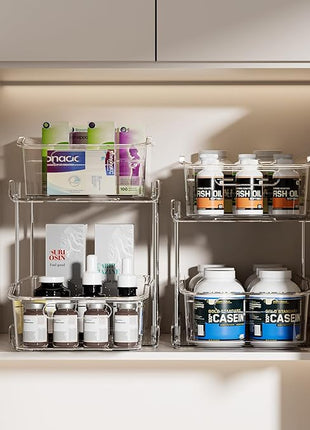 Delamu 2-Tier Under Sink Organizers and Storage, Multi-Purpose Stackable Bathroom Cabinet organizers, Pull Out Kitchen Pantry Organization and Storage with Dividers(2 Pack, Clear)