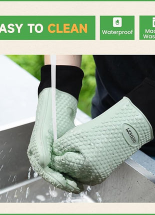 GEEKHOM BBQ Gloves Heat Resistant Oven Mitts - Silicone Grilling Gloves with 14" Long Arm Protection - Waterproof Pot Holder Non-Slip for Men & Women, Kitchen Cooking, Baking, Camping, Mint Green
