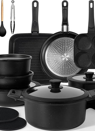 KIKCOIN Pots and Pans Set, 27 Pack Nonstick Cookware Set Detachable Handle, Induction RV Kitchen Cooking Set with Removable Handle, Frying Pans, Casserole - Dishwasher/Oven Safe, PFOA Free