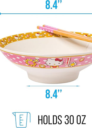 Silver Buffalo Sanrio Hello Kitty Pink and Gold Japanese Pattern with Flowers Ceramic Ramen Noodle Rice Bowl with Chopsticks, Microwave Safe, 30 Ounces