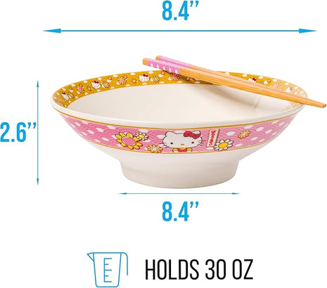 Silver Buffalo Sanrio Hello Kitty Pink and Gold Japanese Pattern with Flowers Ceramic Ramen Noodle Rice Bowl with Chopsticks, Microwave Safe, 30 Ounces