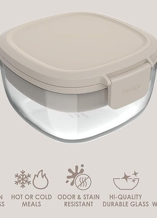 Bentgo Glass All-in-One Salad Container - Large 61-oz Salad Bowl with Lid, 4-Compartment Bento-Style Tray, 3-oz Sauce Container, & Reusable Fork - Dishwasher, Microwave, & Oven Safe (White Stone Tan)